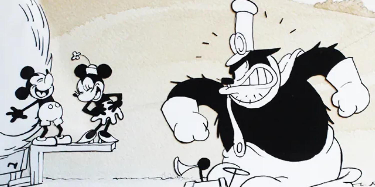 Mickey and Minnie laugh while Peg-Leg Pete is angry in Get a horse!