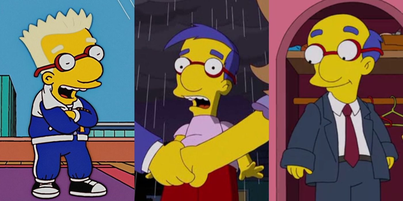 Three images showing Milhouse in a tracksuit, gasping, and disguised as Kirk in The Simpsons.