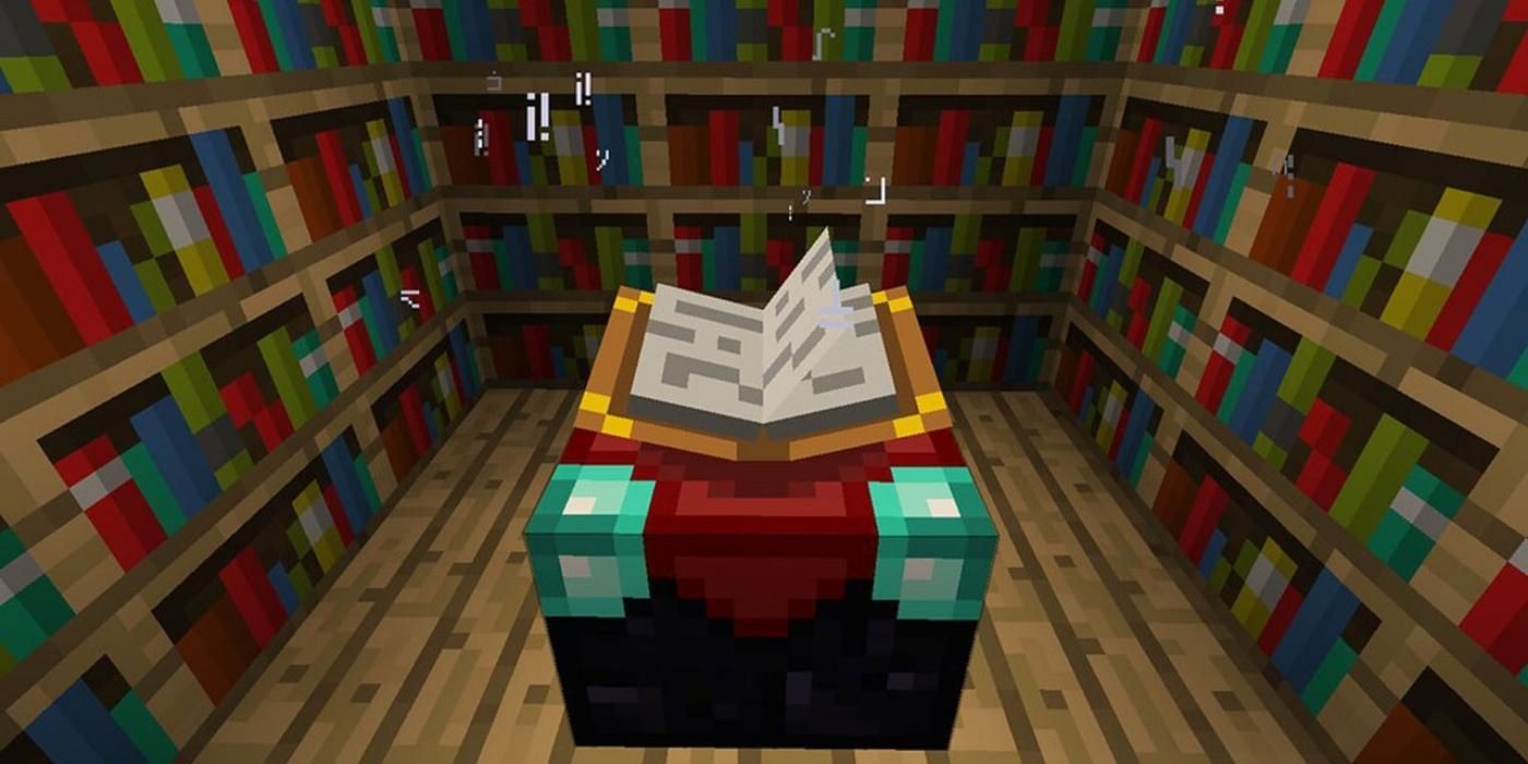 An image of a book surrounded by bookshelves in Minecraft