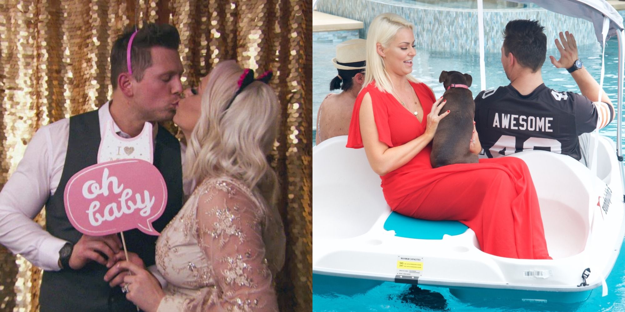 Split image of Miz and Maryse kissing and them riding on a boat with their dog