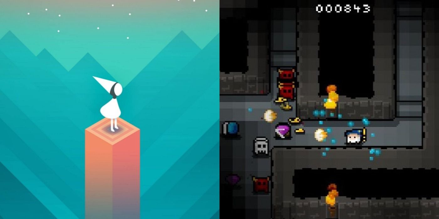 Split image of Monument Valley and Heroes of Loot on Both Switch and Mobile gameplay