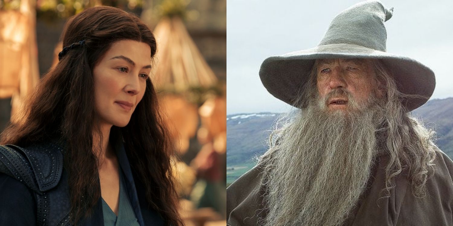 Moiraine looking at someone seriously next to Gandalf staring at something in the distance