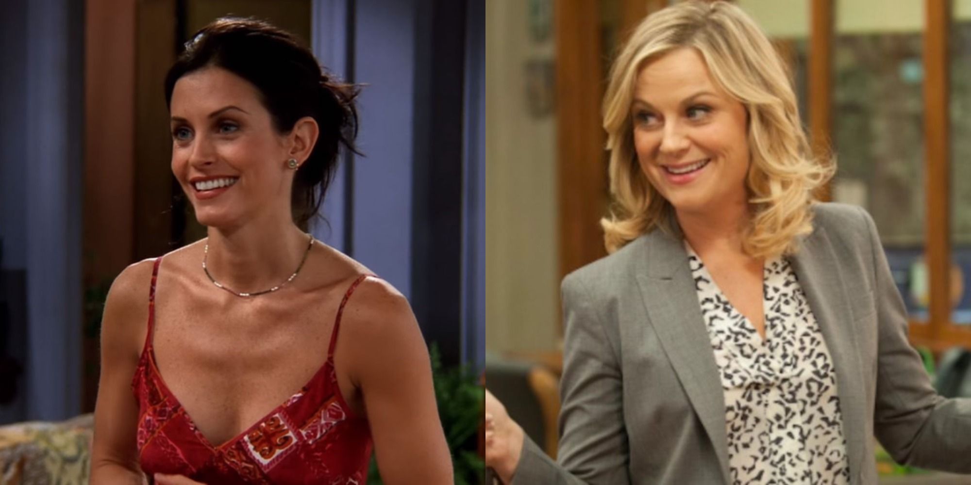 Split image of Monica from Friends and Leslie from Parks and Recreation