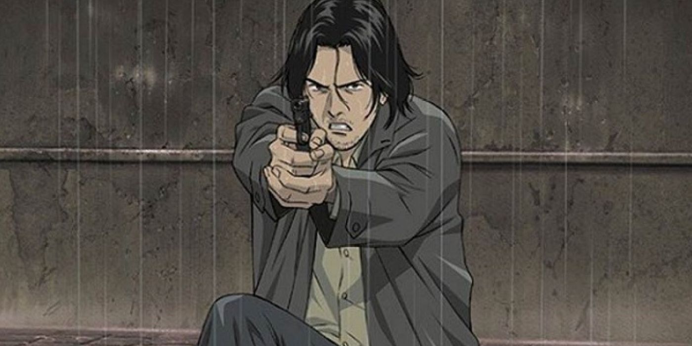 A male character ponting a gun under the rain in the Monster anime