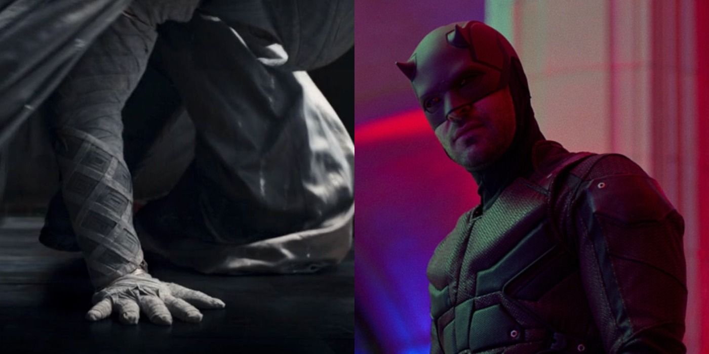 Split image of Marvel's tease of the Moon Knight suit and Daredevil in his red suit for the Netflix universe
