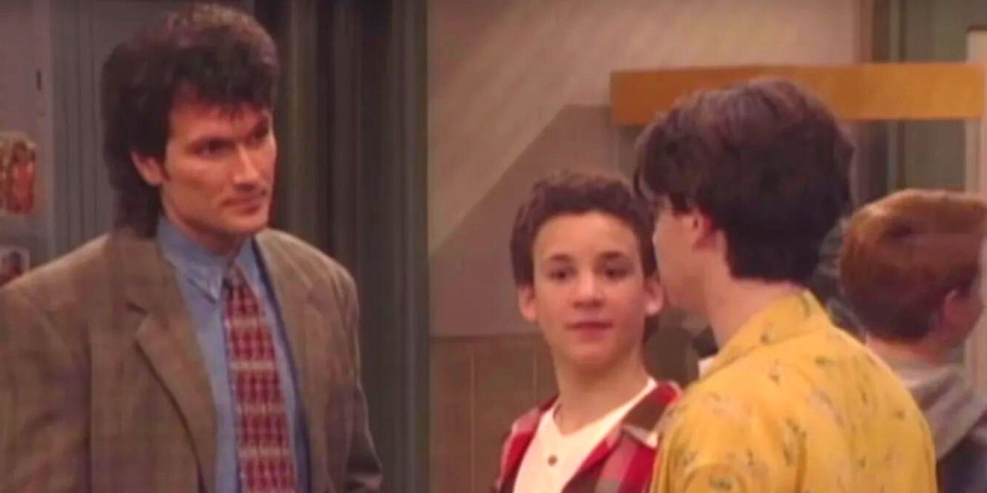 Mr. Turner talks to Cory and Shawn in the hallway on Boy Meets World