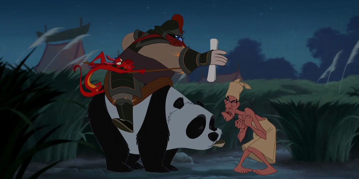 Mushu on a panda and Chi Fu - Mulan