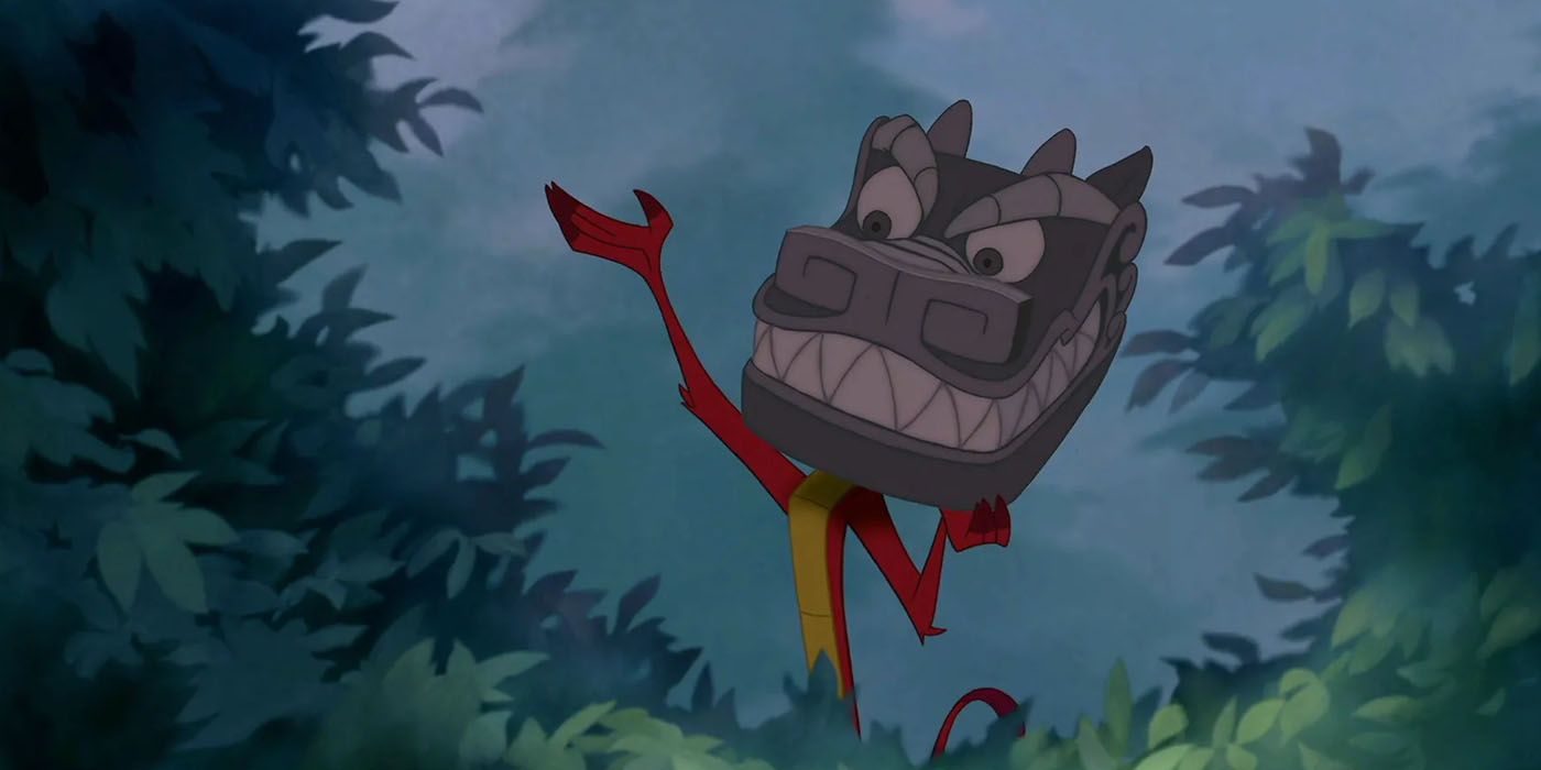 Mushu pretends to be the Great Stone Dragon in Mulan