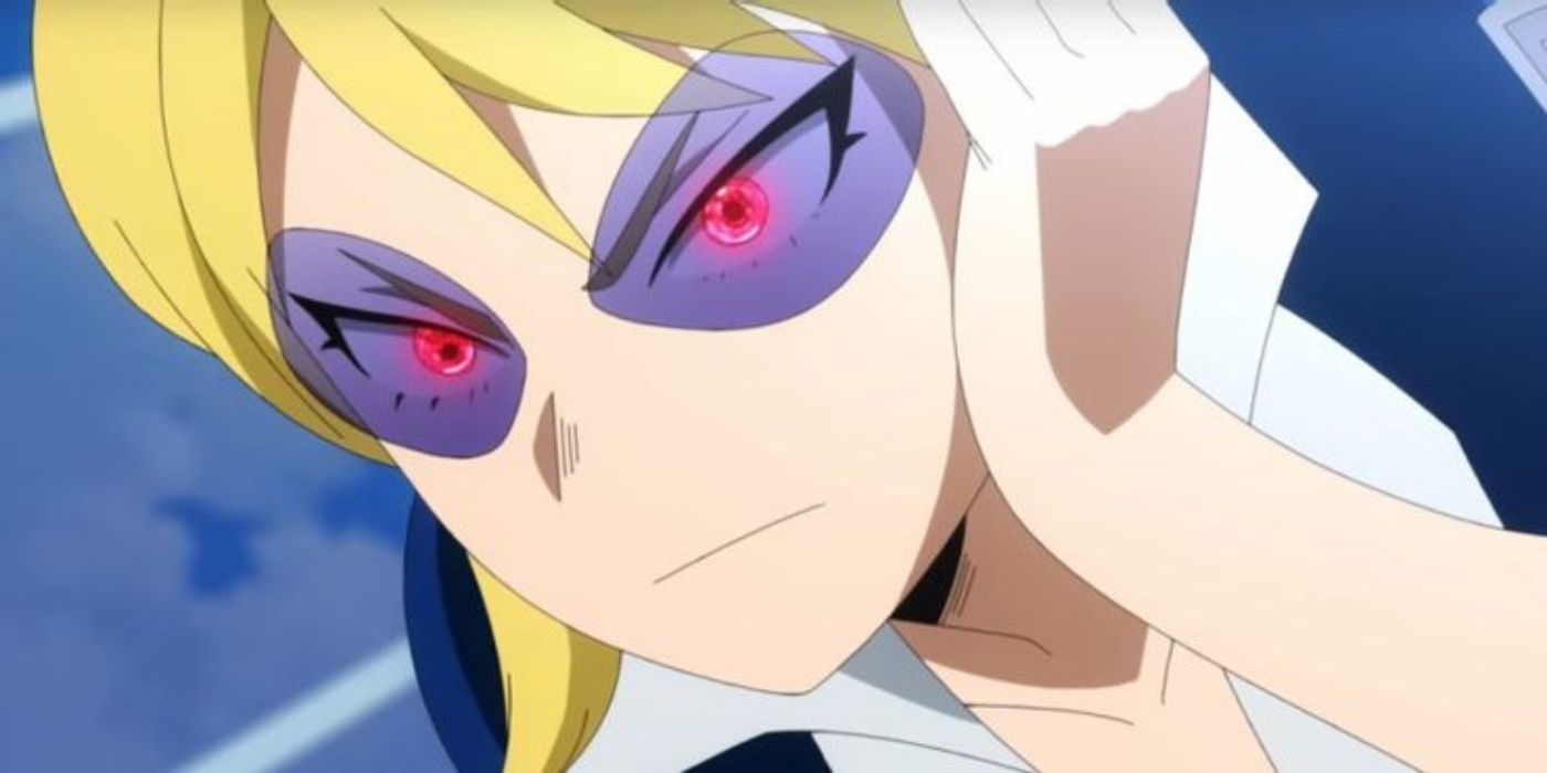 Clair Voyance with glowing red eyes frowning in MHA: World Heroes' Mission