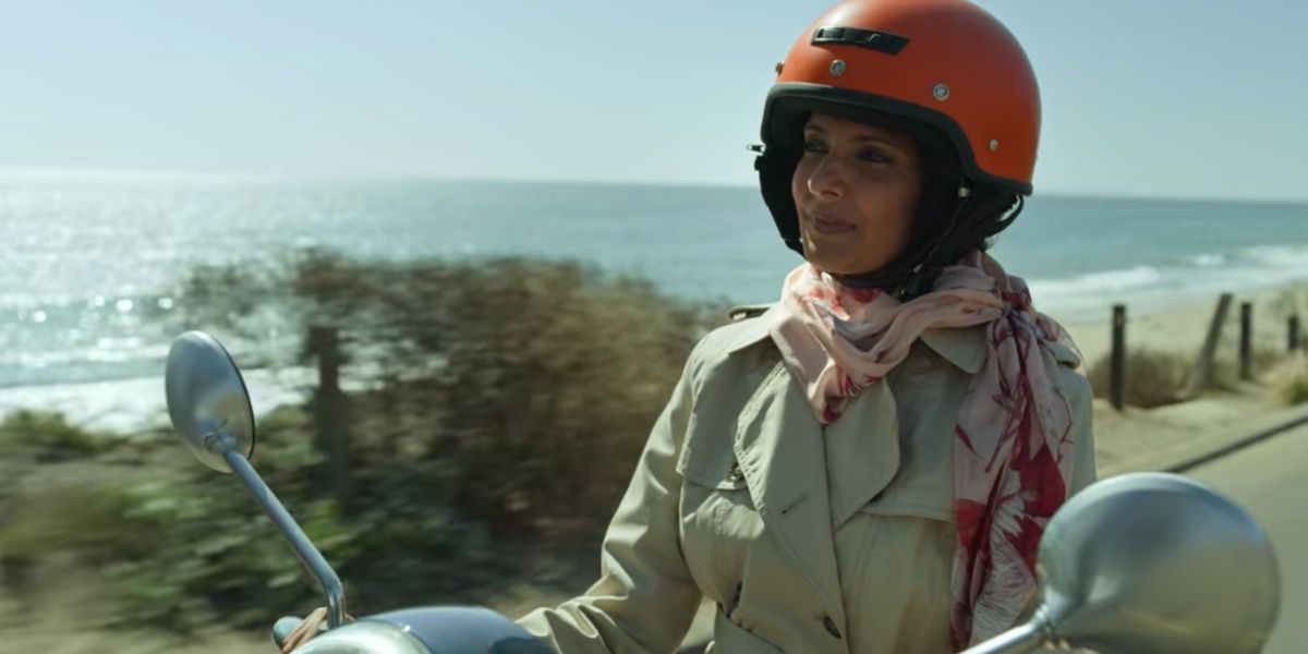 Nalini riding a motorcycle in Never Have I Ever