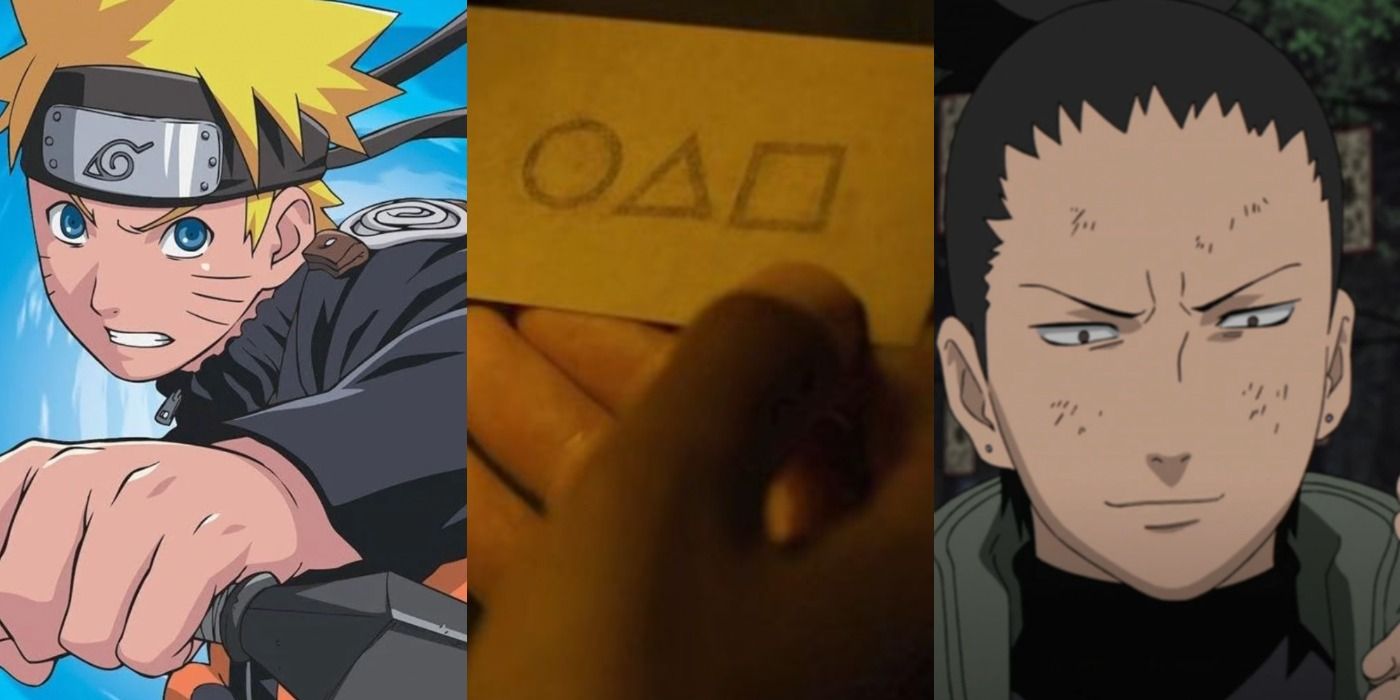 A split image depicts Naruto Uzumaki, the Squid Game business card, and Shikamaru Nara