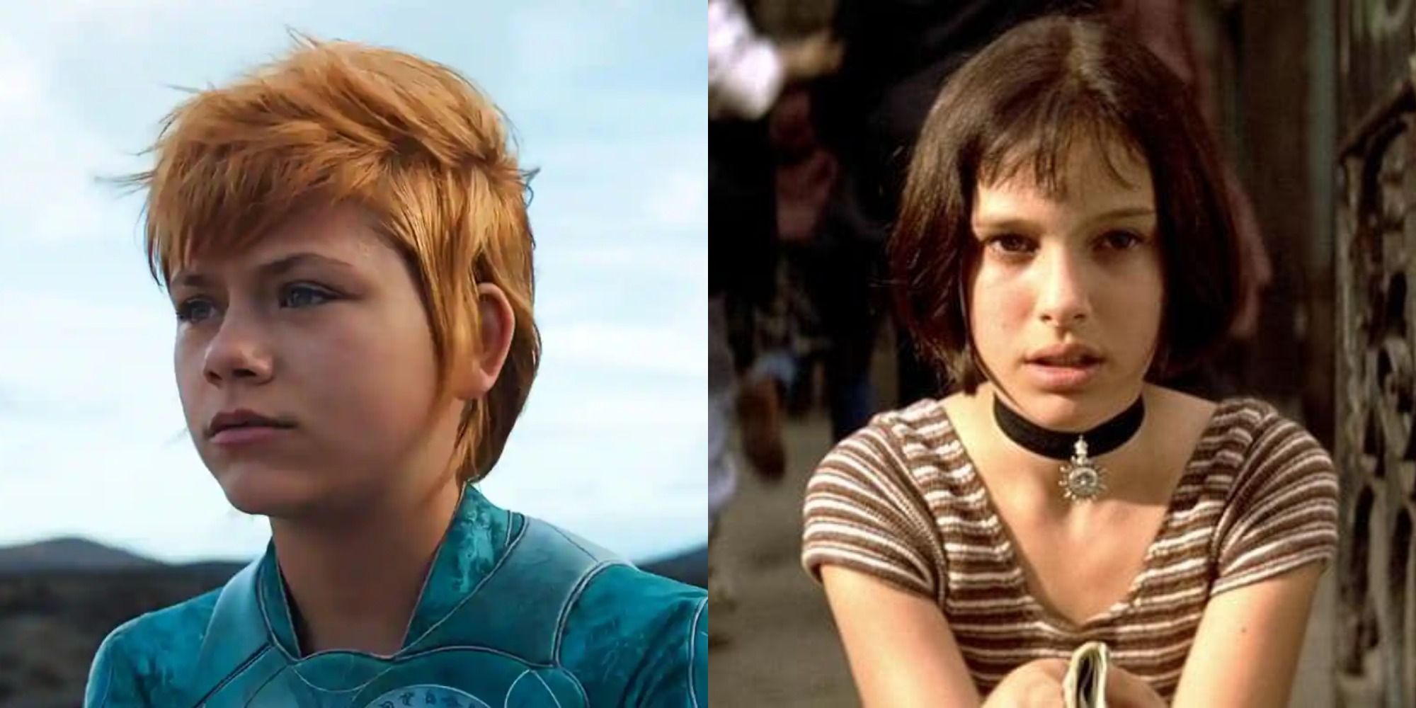 Split image of Lia McHugh as Sprite in Eternals and Natalie Portman in Leon: The Professional