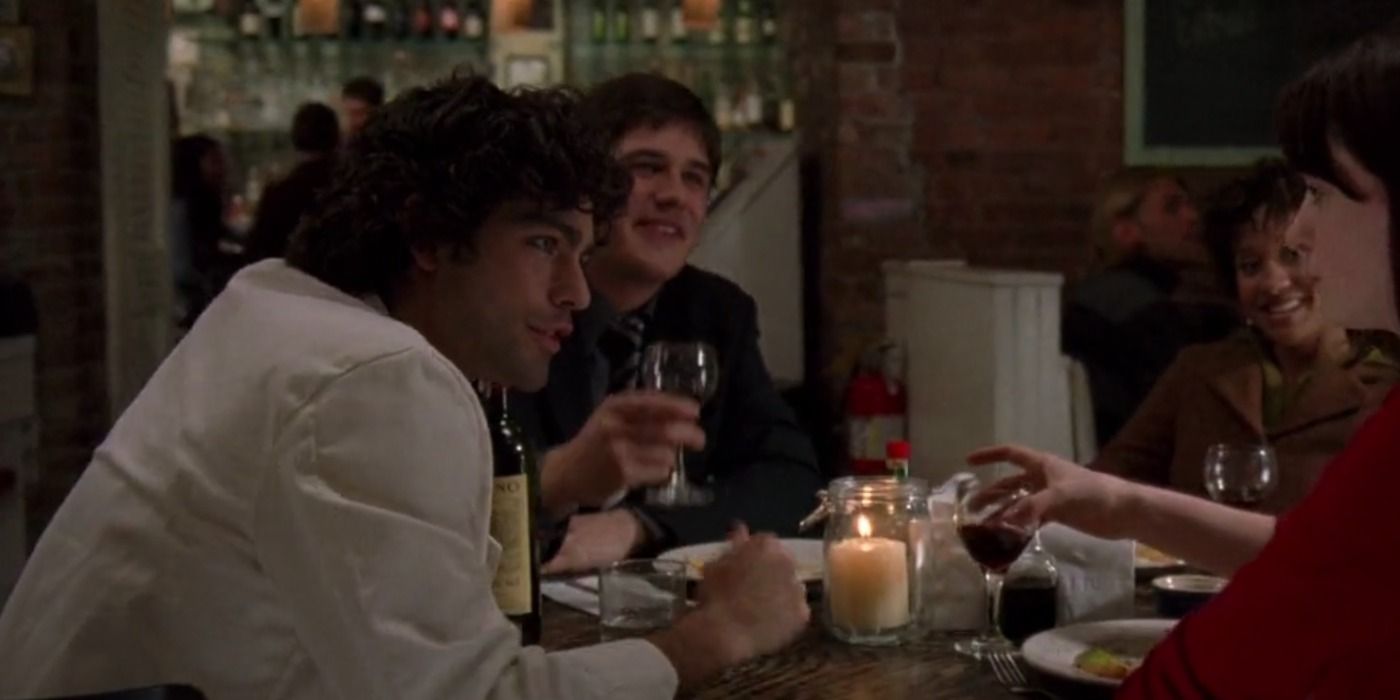 Nate, Andy, Lily, and Doug having dinner in a restaurant in The Devil Wears Prada