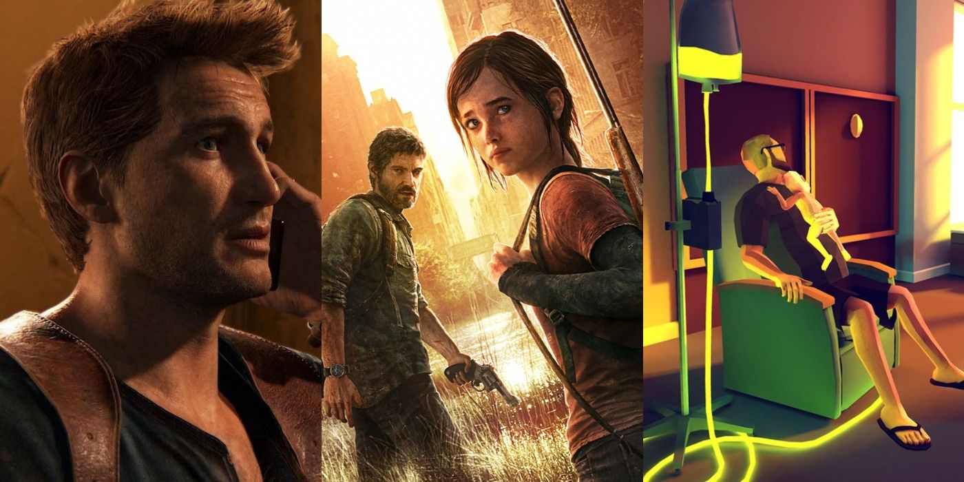 Split image of Nathan Drake in Uncharted 4, Joel & Ellie in The Last of Us, and That Dragon, Cancer.