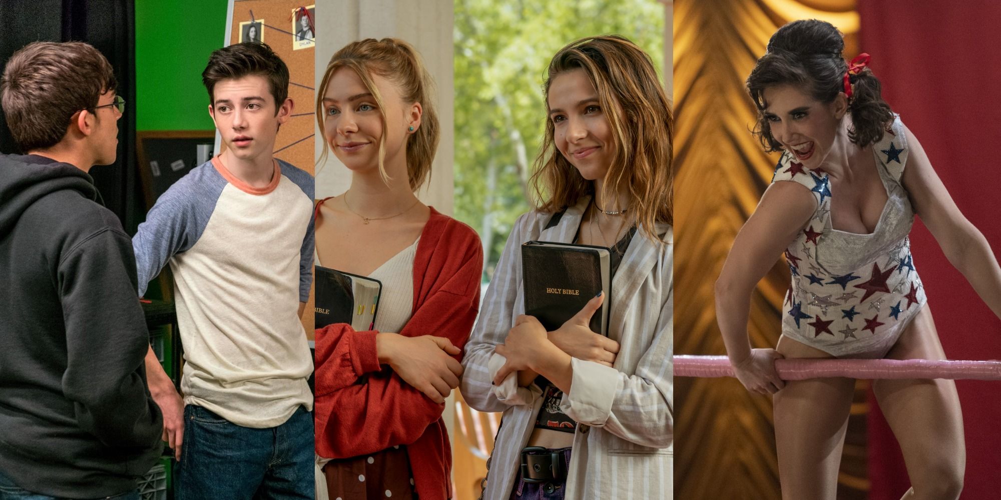 Split image of Peter and Sam in American Vandal, Blair and Sterling together in Teenage Bounty Hunters, and Ruth in GLOW