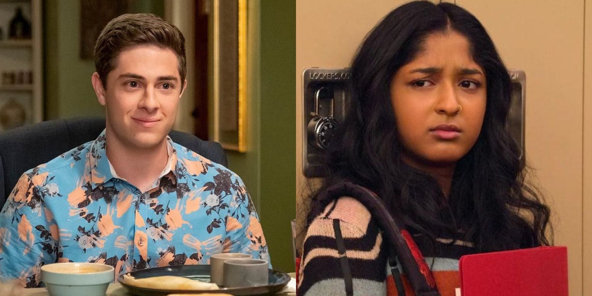 Split image of Ben at the table and Devi at school in Never Have I Ever