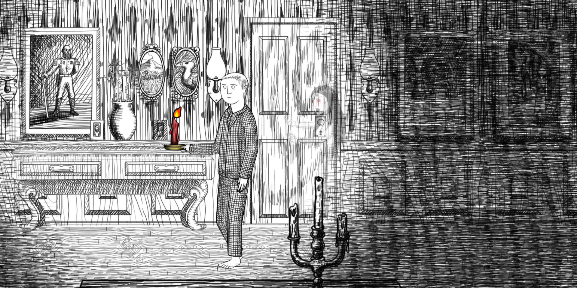 A man holds a candle as ghost floats behind him in Neverending Nightmares.