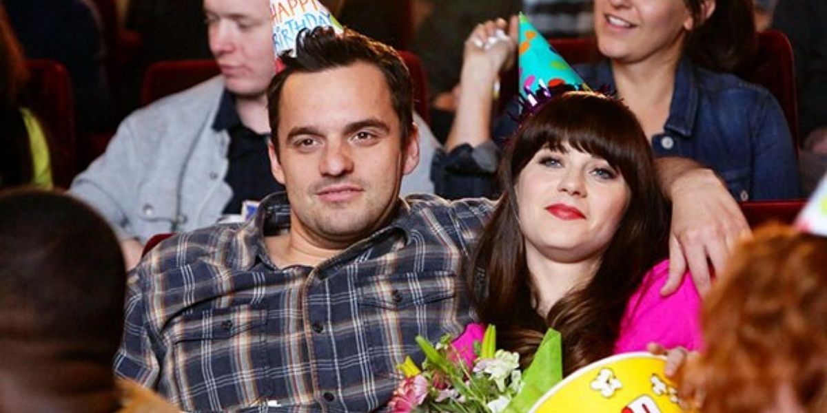 Nick and Jess in the movie theater for her birthday in New Girl