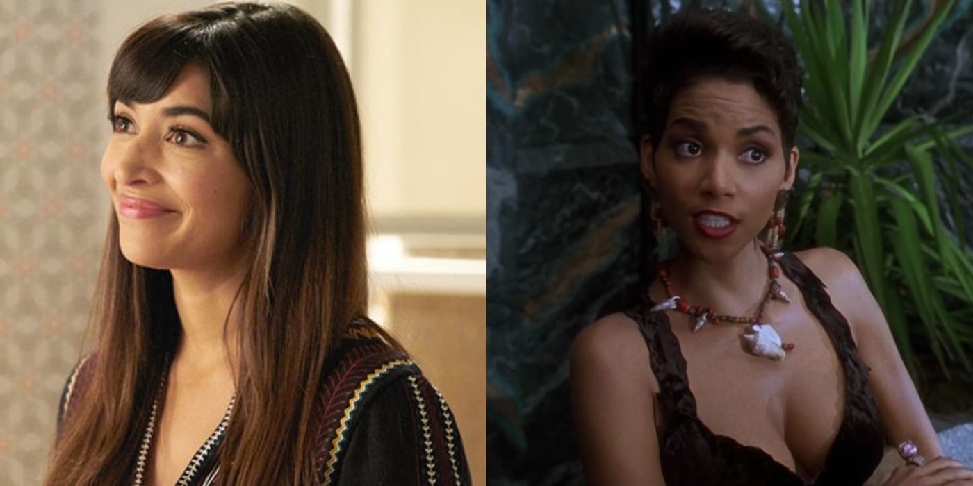Split image showing Cece in New Girl and Miss Stone in The Flinstones