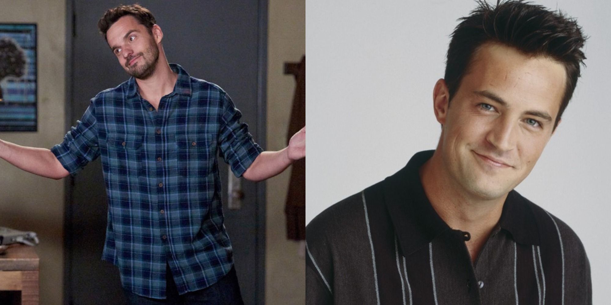 Split image showing Nick in New Girl and Chandler in Friends