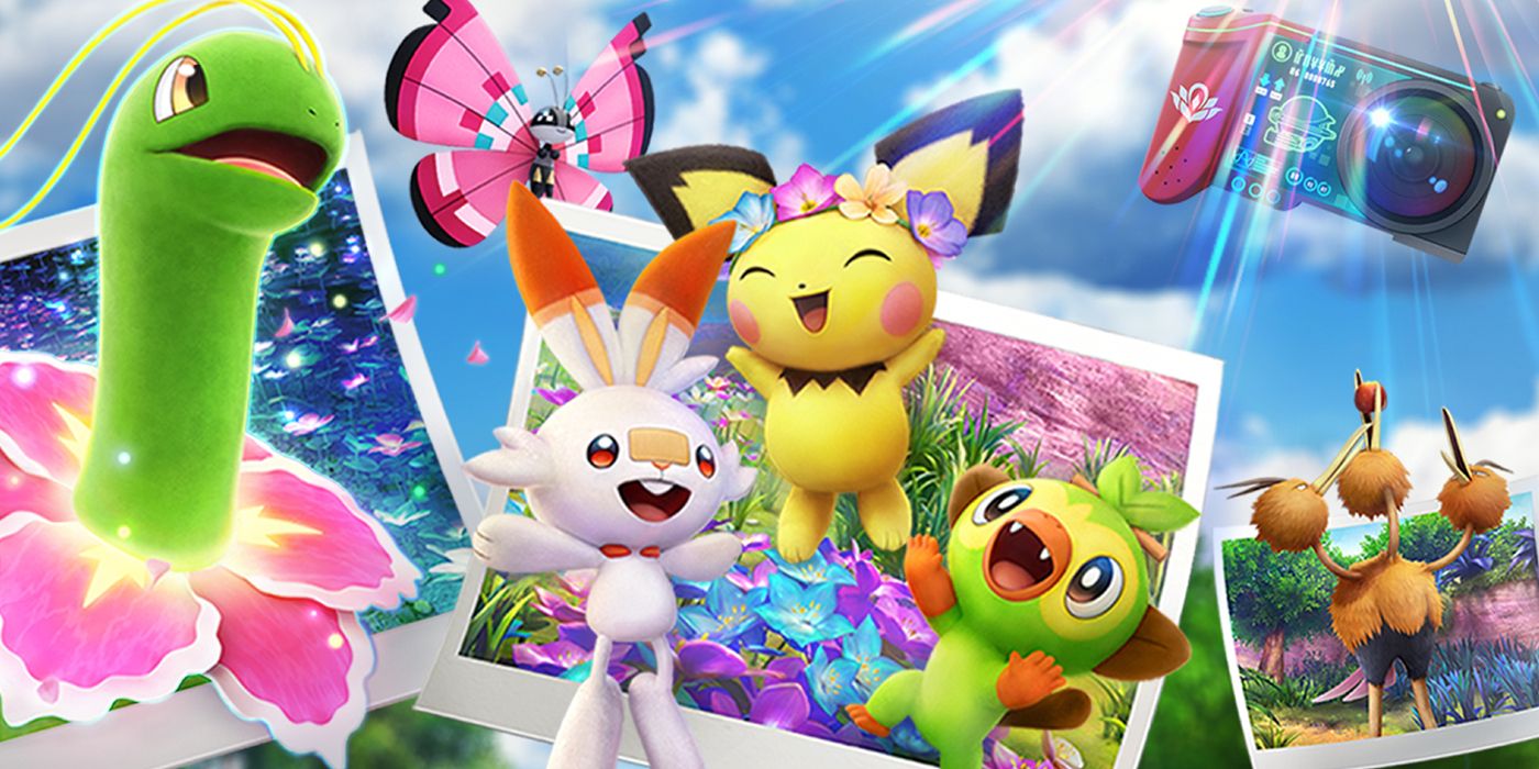 New Pokemon Snap Meganium, Scorbunny, Pichu, Grookey, Dodrio, and Vivillon photgraphs