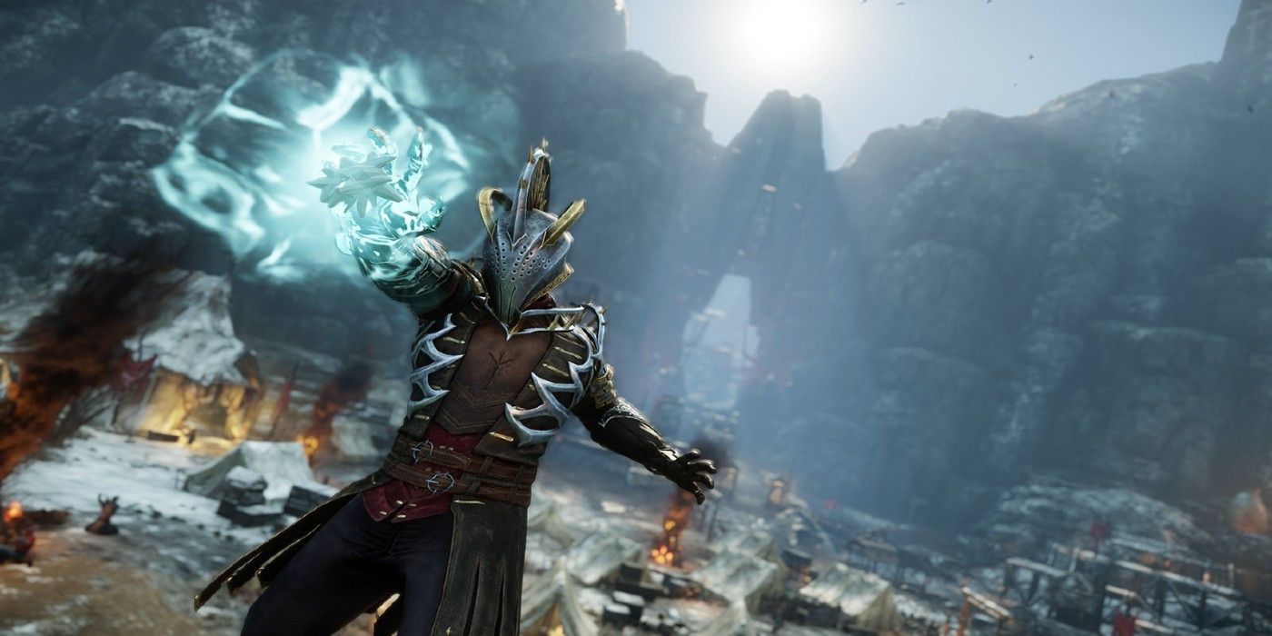 A player uses the Ice Gauntlet in combat in New World