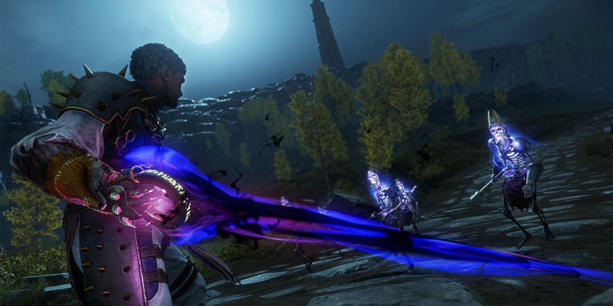 A player fights skeletons using the Void Gauntlet in New World