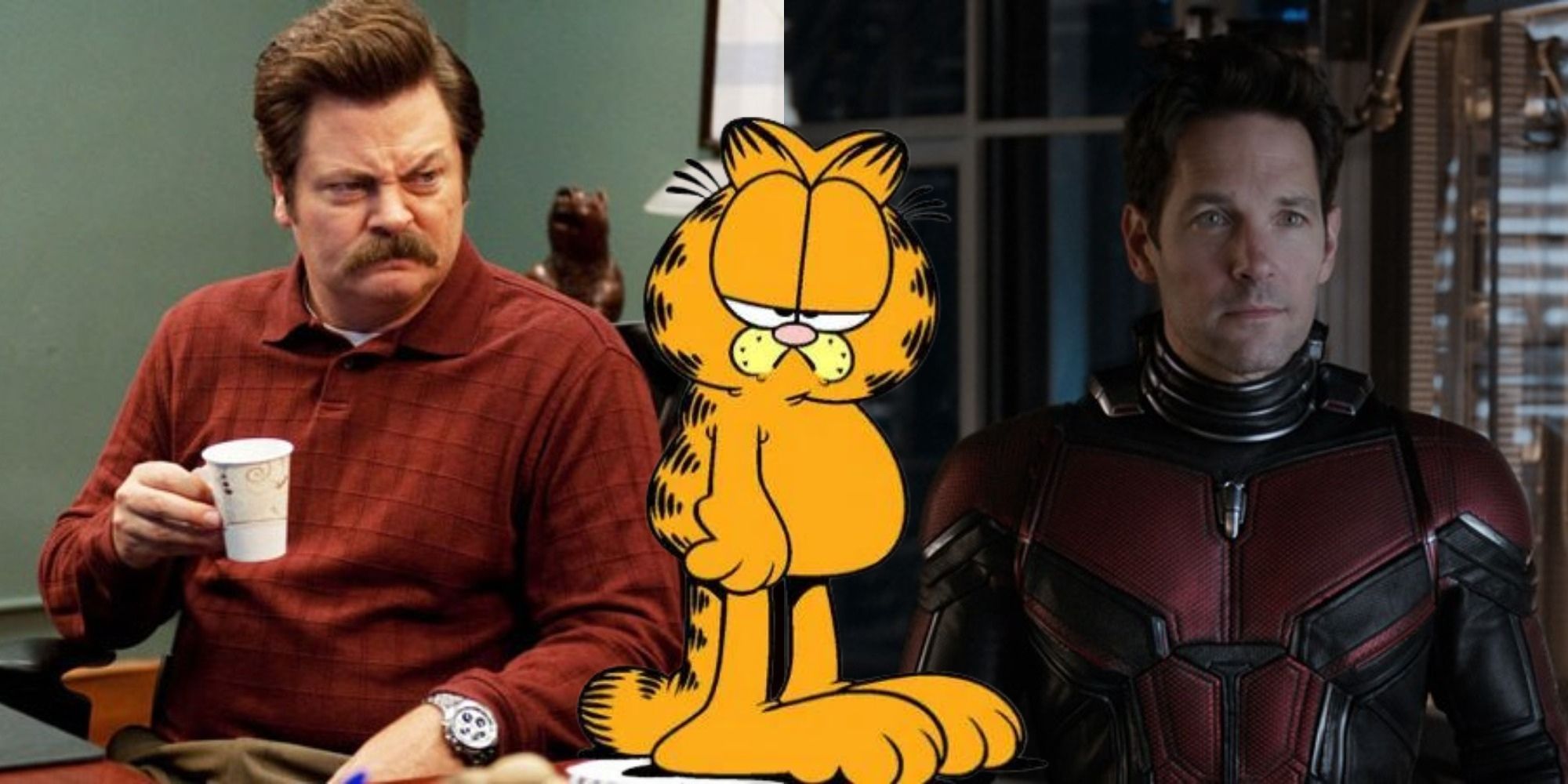 Split image showing Ron in Parks and Recreation, Scott in Ant-Man, and Garfield