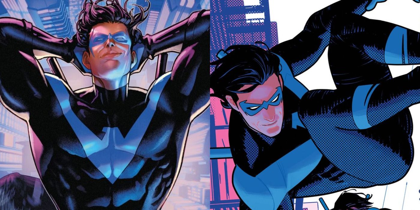 Split image of a laid-back Nightwing swinging through the city