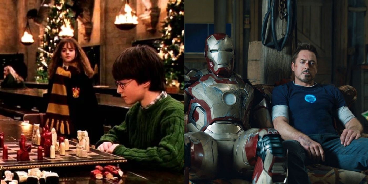 Split image of Hermione and Harry in Harry Potter and Tony Stark in Iron Man 3