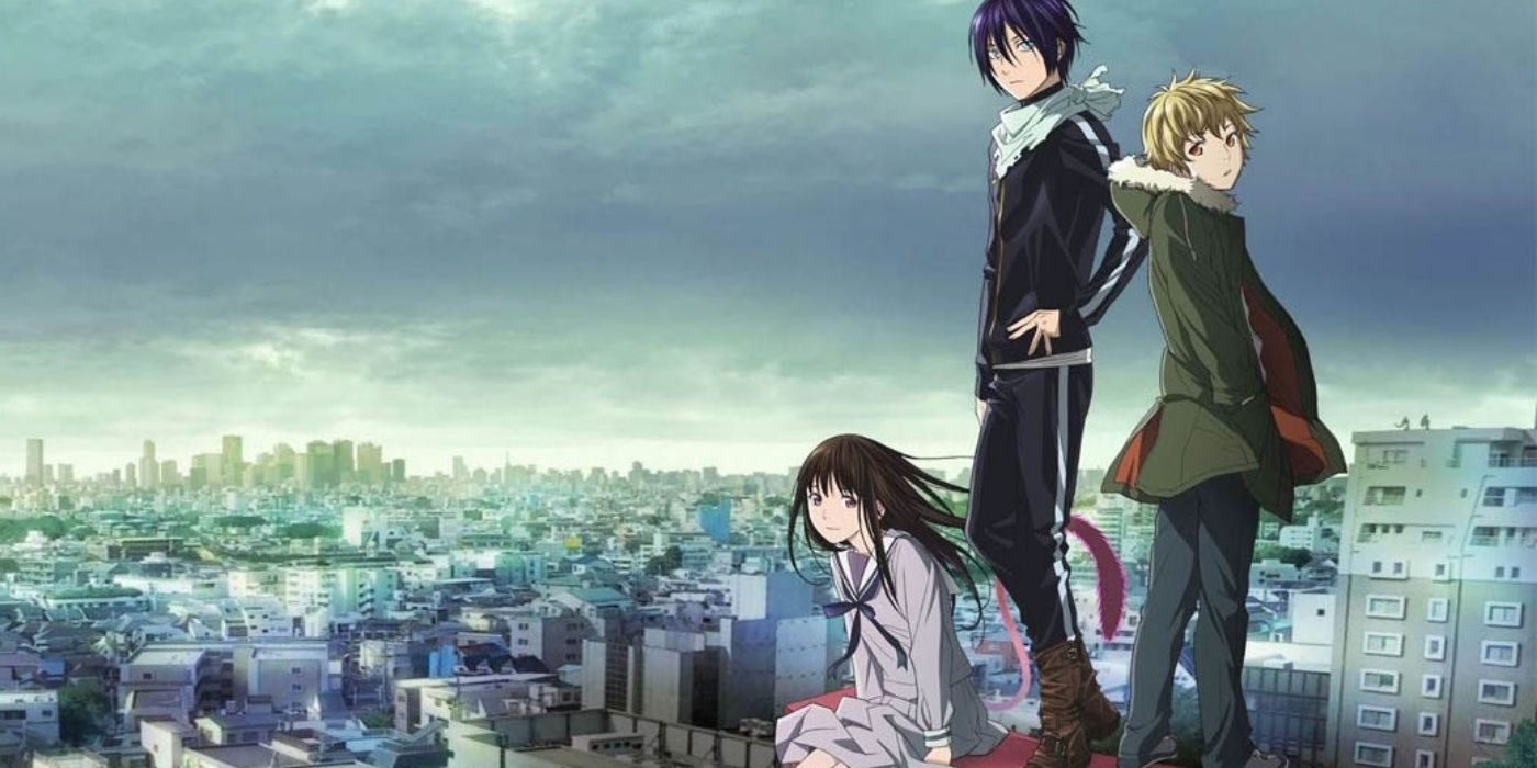 The main characters from Noragami posing against a city backdrop