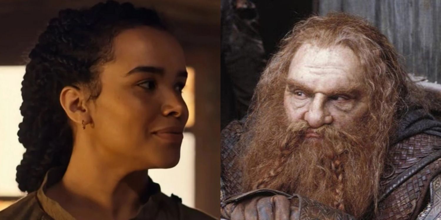 Nynaeve looking to the side and smiling next to Gimli looking to the side and scowling