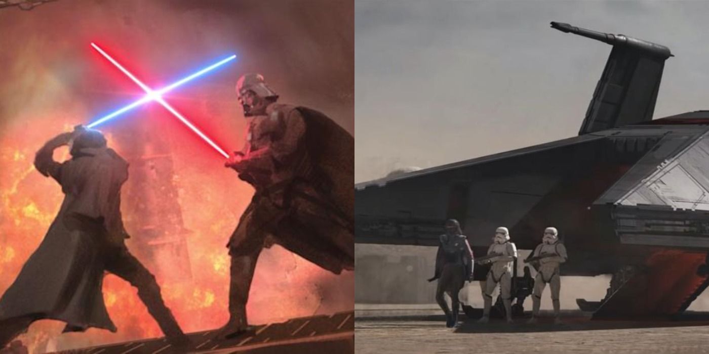 Split image of Obi-Wan fighting Darth Vader and an Inquisitor exiting their ship in concept art