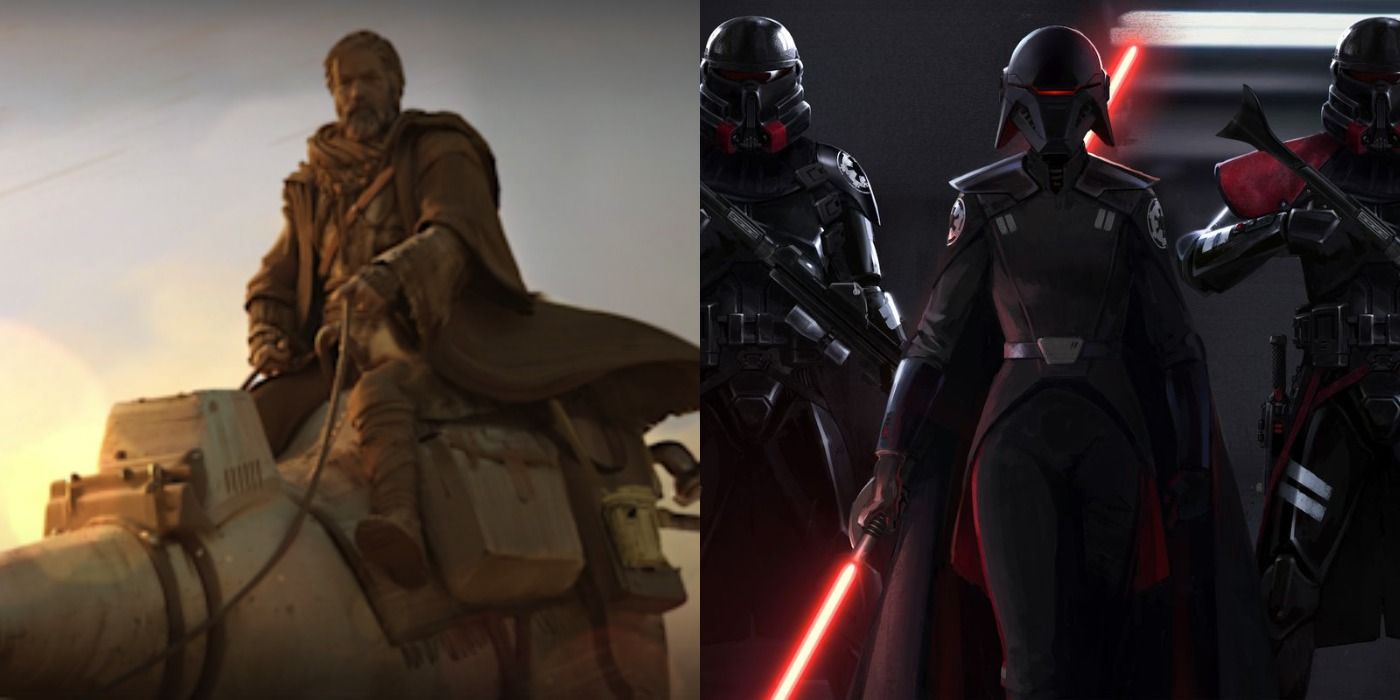 Split image of Obi-Wan Kenobi concept art and the Second Sister with Purge Troopers in Fallen Order