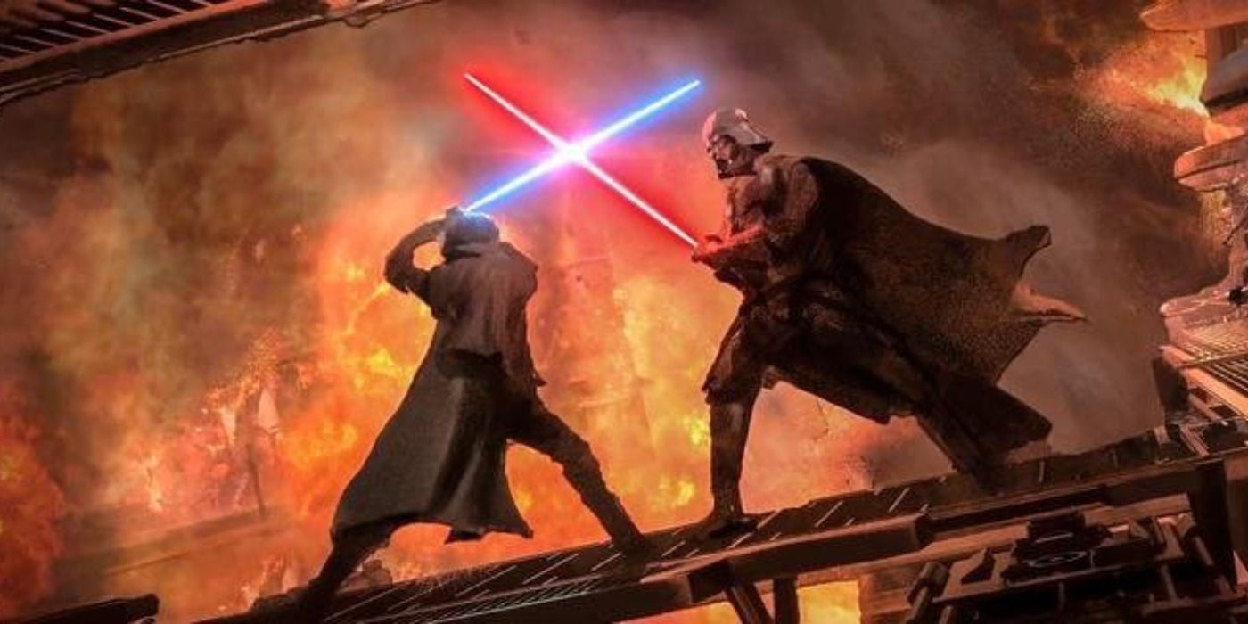 Obi-Wan Kenobi concept art of Obi-Wan clashing sabers with Vader on Mustafar