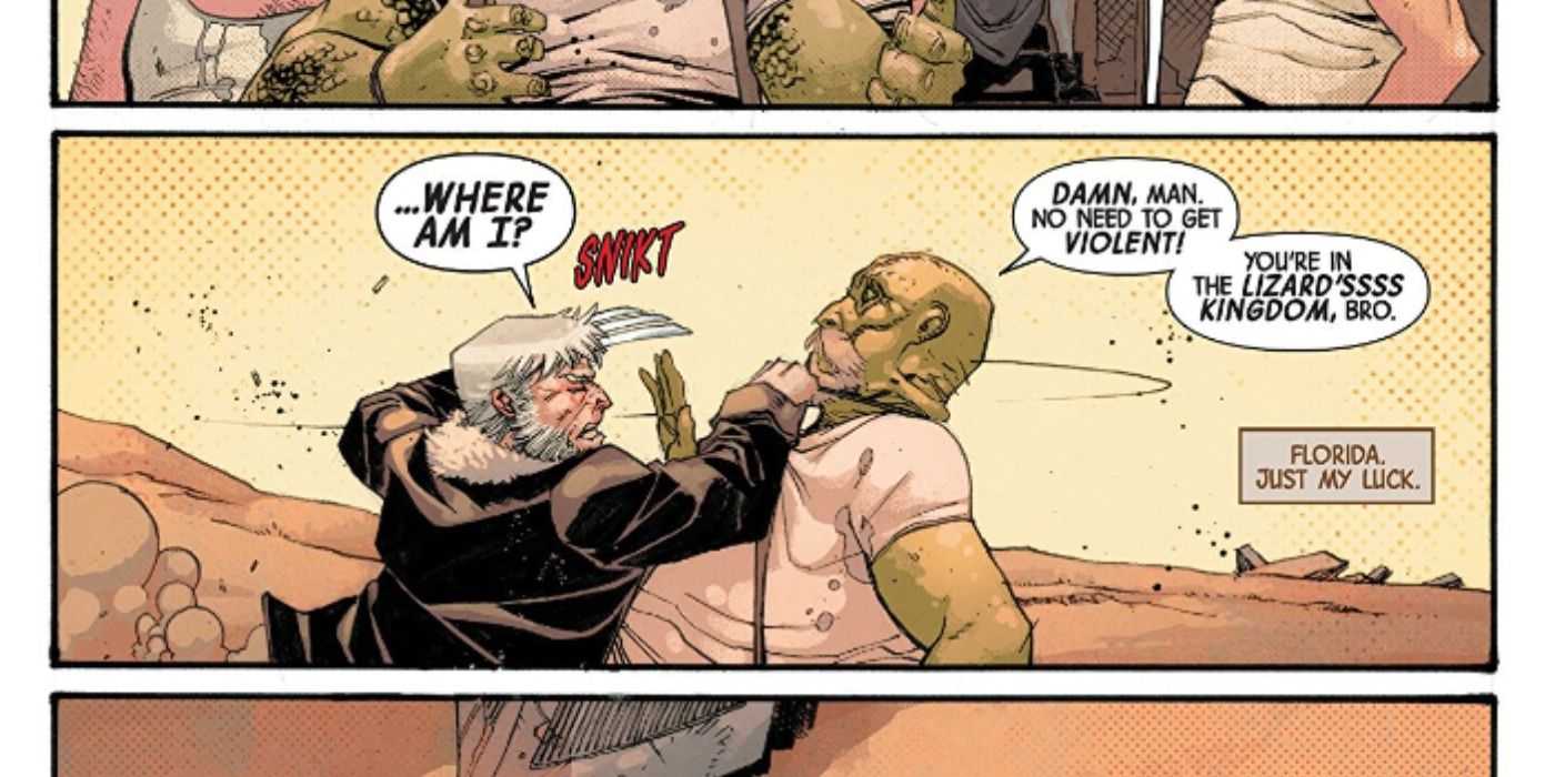 Old Man Logan attacks an agent of the Lizard in Marvel Comics.