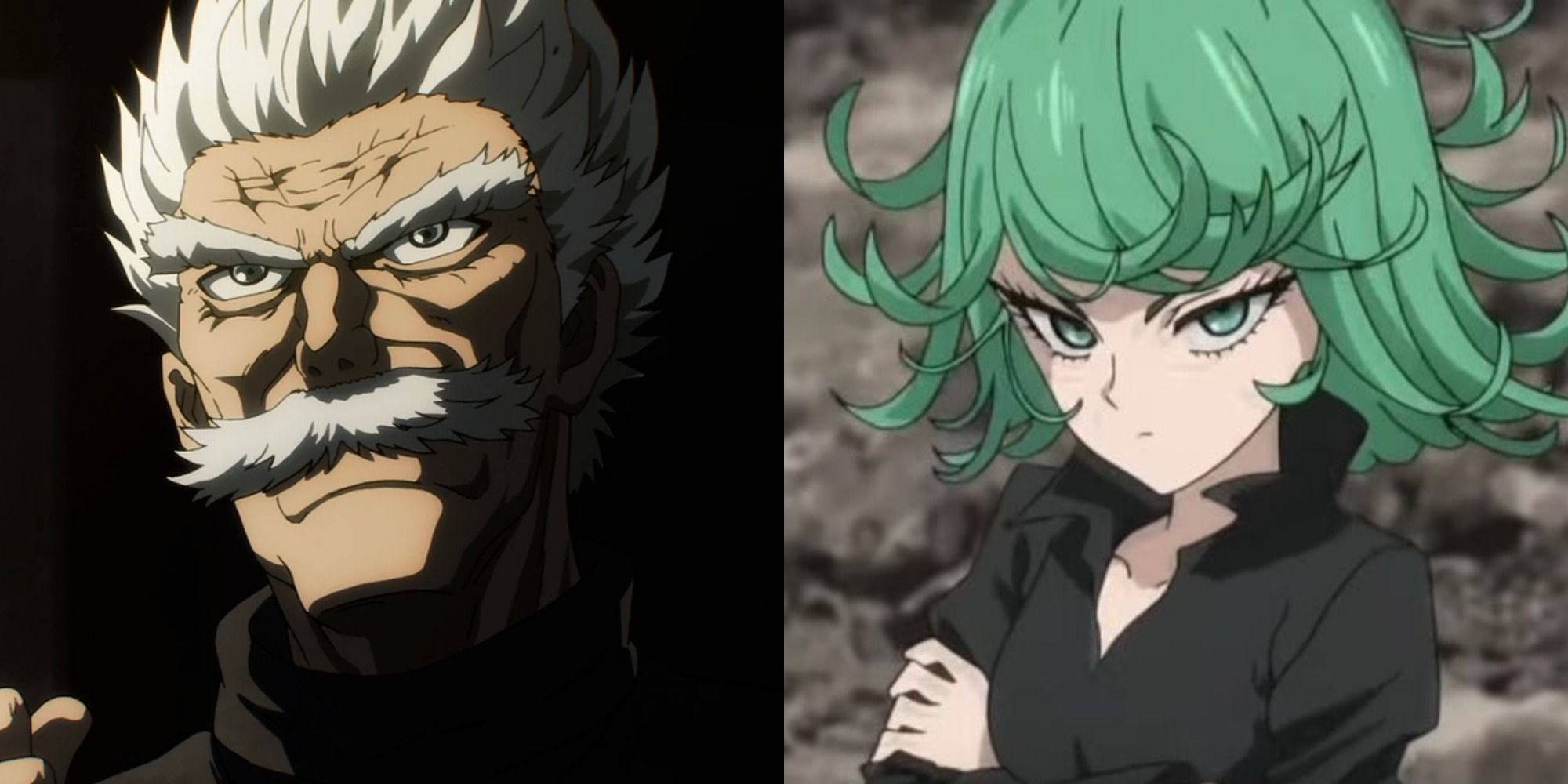 Split image showing Silver Fang and Terrible Tornado in One Punch Man
