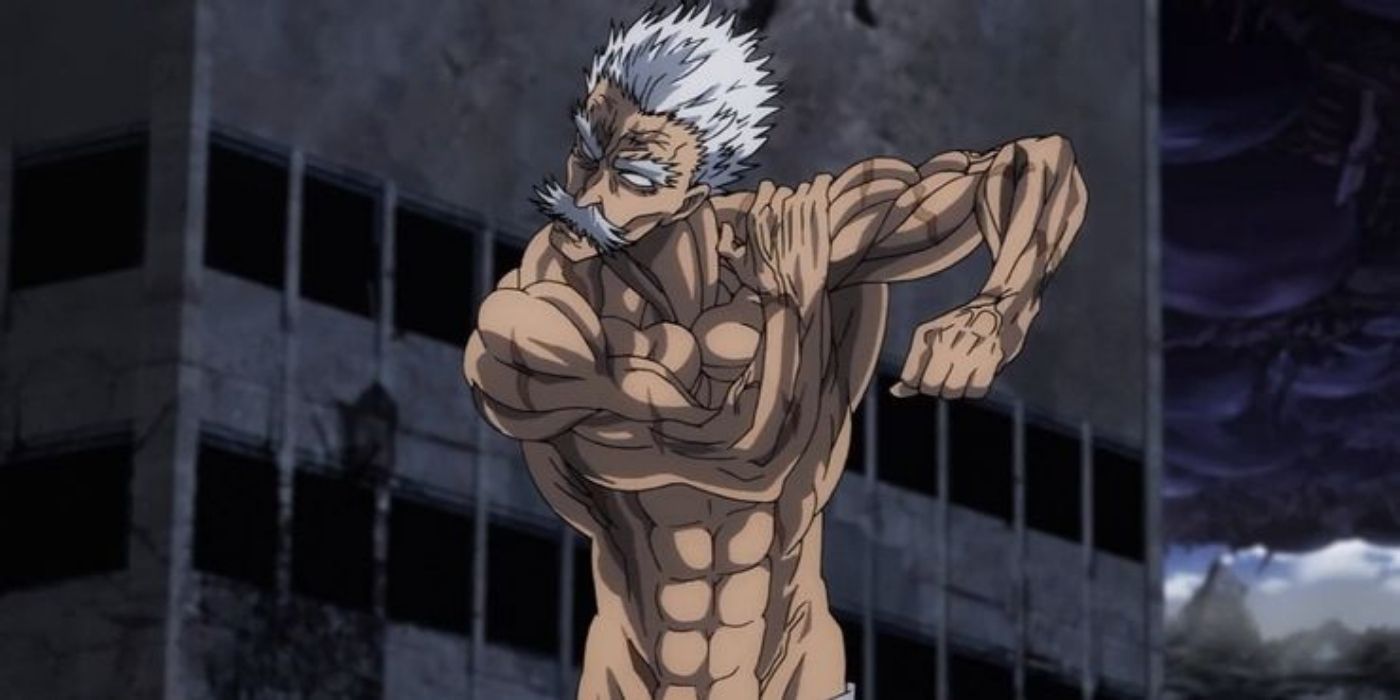 A shirtless Silver Fang cracking his bones in One Punch Man