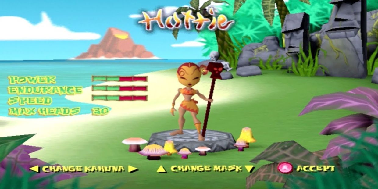A woman stands with a spear on an island in Ooga Booga.