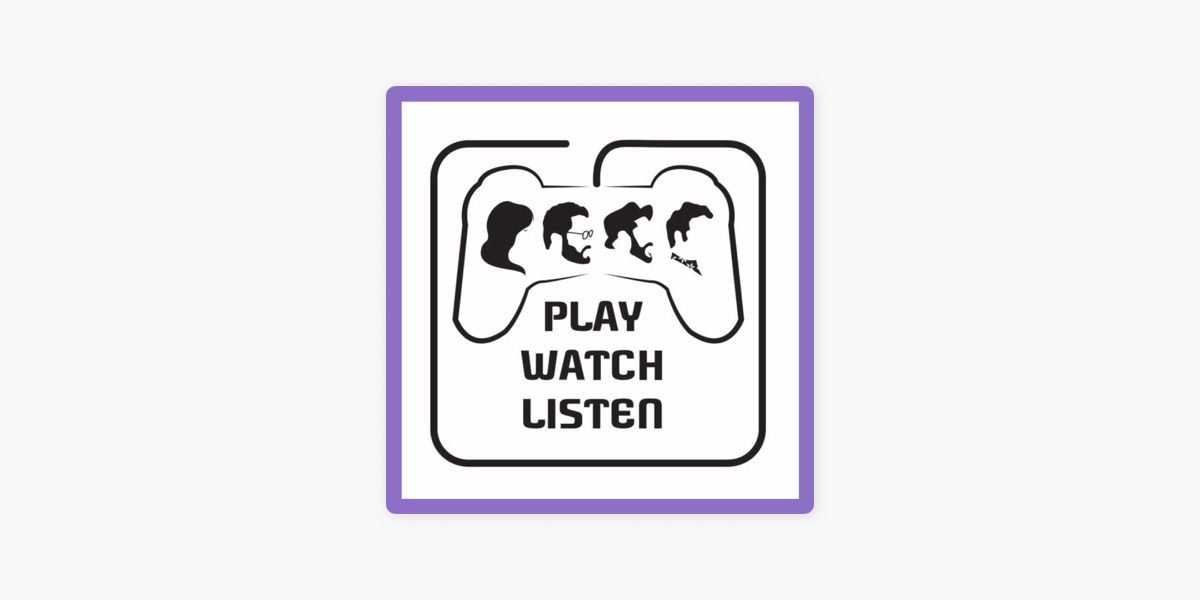 Controller-themed logo for Play, Watch, Listen with stylized renditions of the hosts