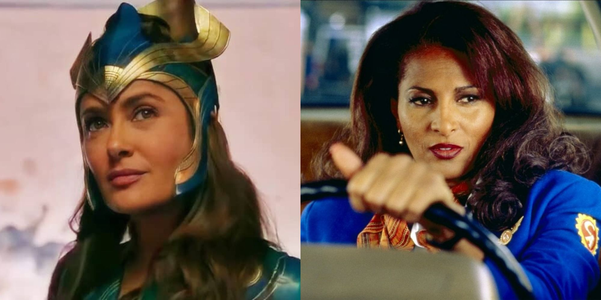 Split image of Salma Hayek as Ajak in Eternals and Pam Grier in Jackie Brown