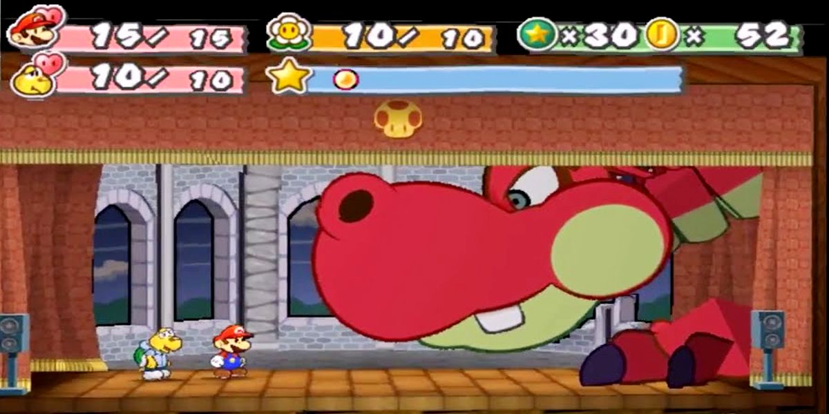 The Hooktail boss battle from Paper Mario: The Thousand-Year Door.