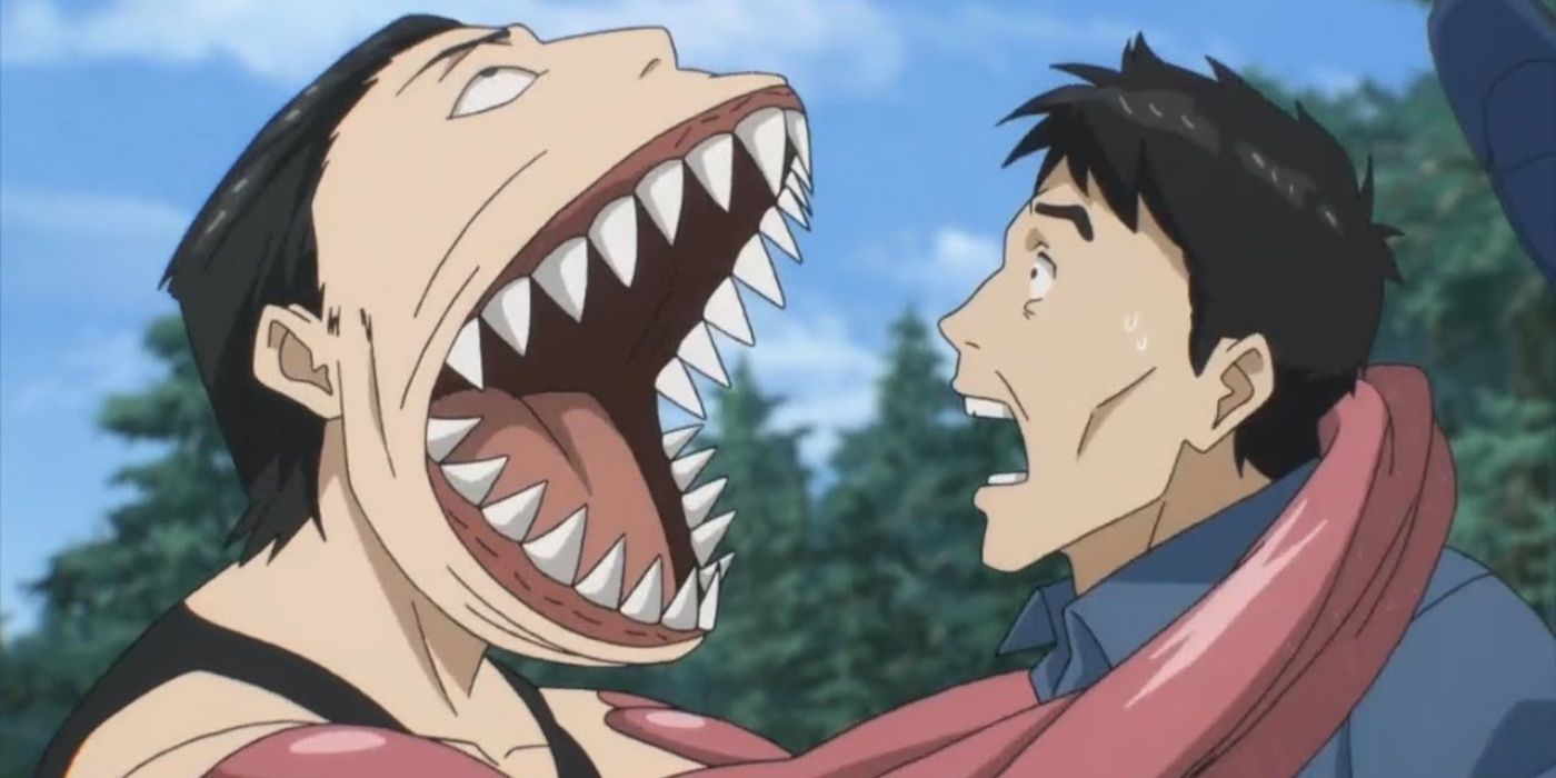 A man with a large mound with sharp fans tries to attack a scared victim in Parasyte: The Maxim