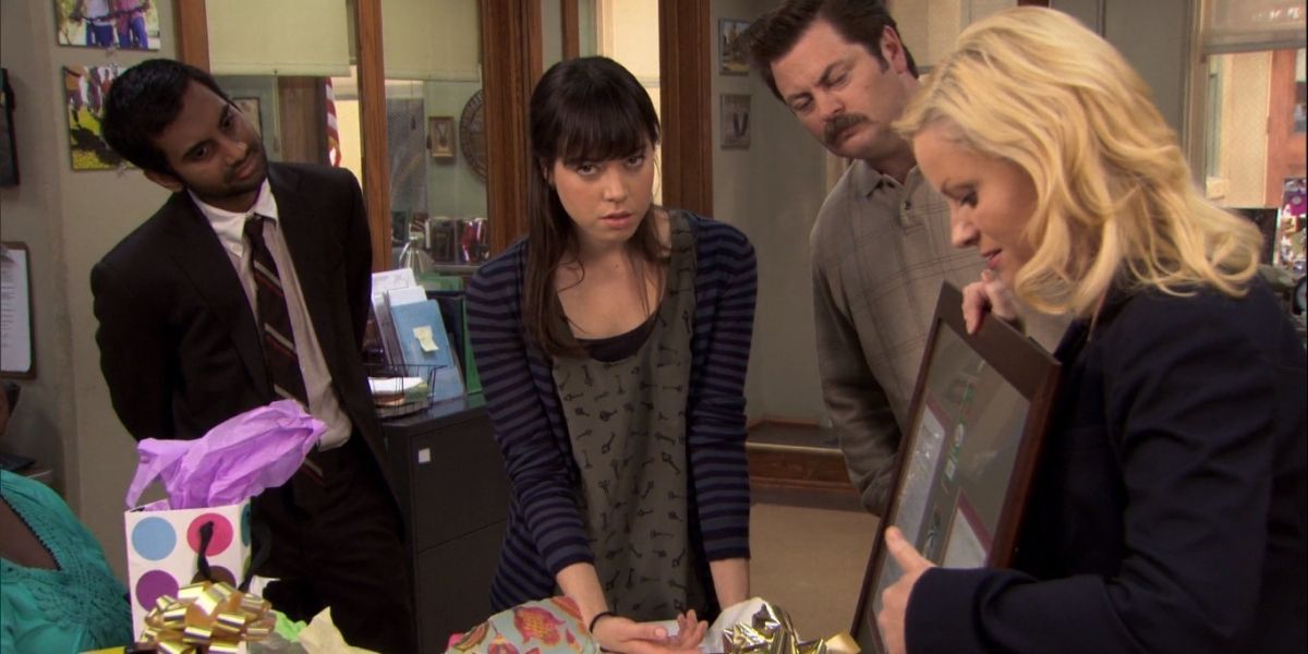 April looking unimpressed after opening her birthday gift in Parks and Recreation