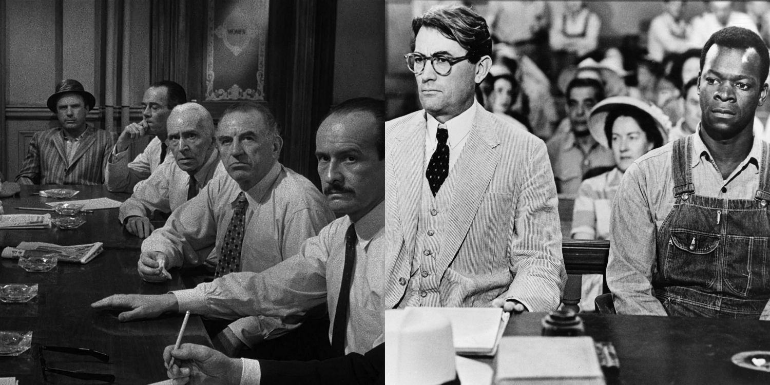 Part of the jury in 12 Angry Men next to an image of of Atticus and Tom in To Kill a Mockingbird