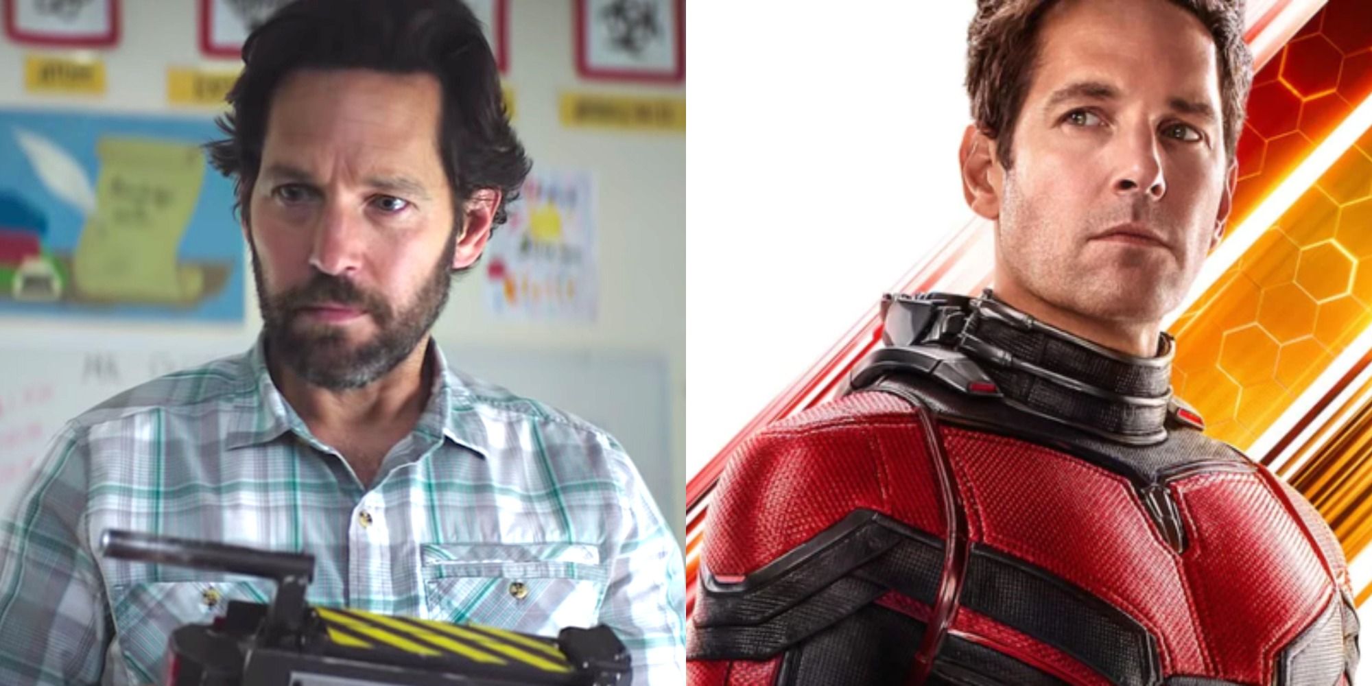 Split image of Paul Rudd in Ghostbusters and Antman