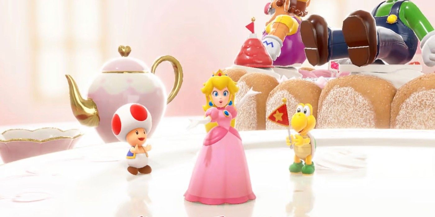Peach stands on a board in Mario Party Superstars