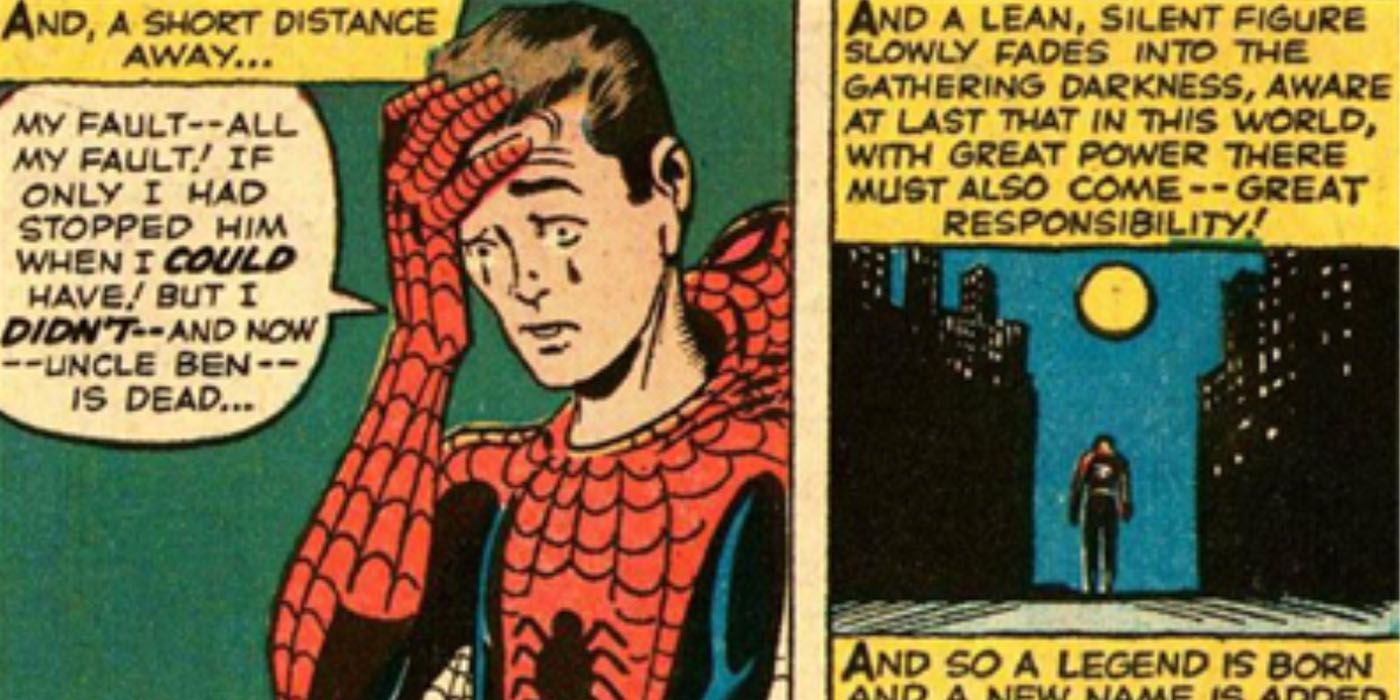 Peter Parker remembers Uncle Ben's great power quote.