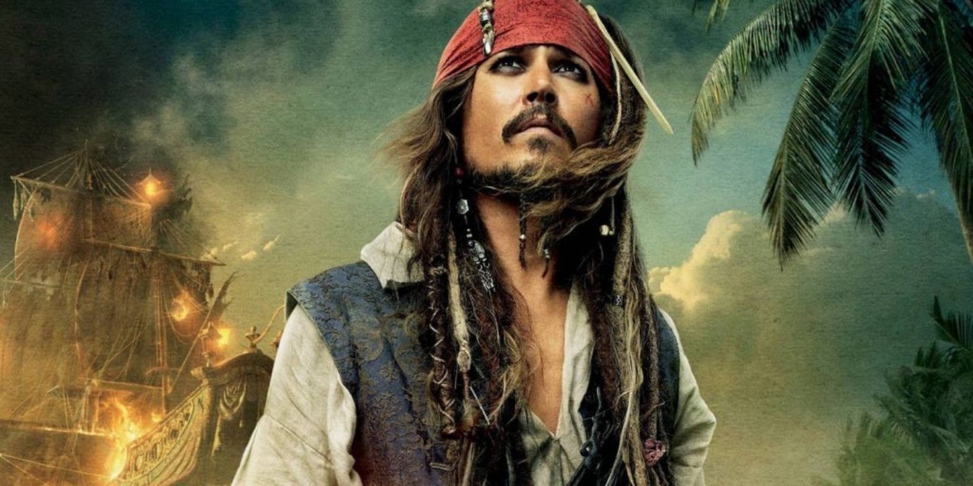 Jack Sparrow looking up in a poster for Pirates-of-the-Caribbean 4