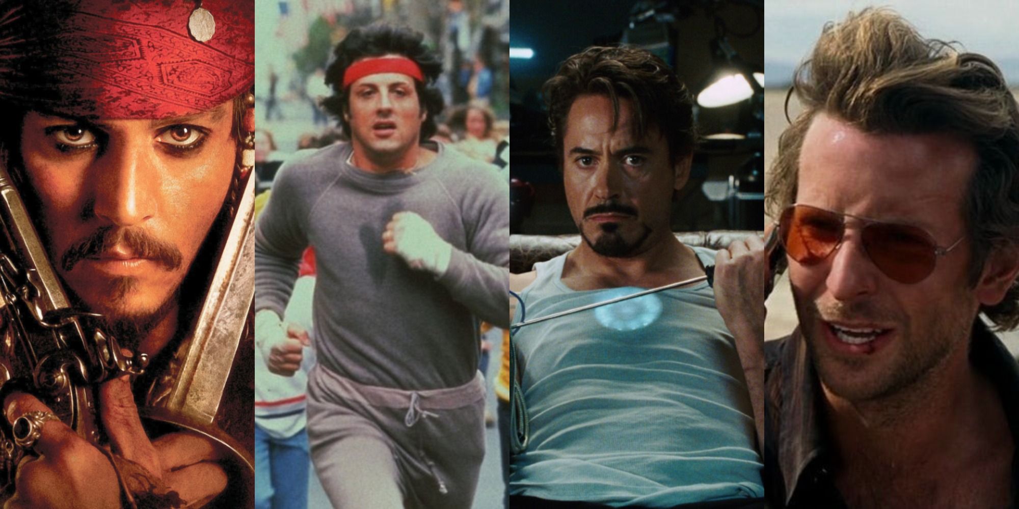 Split image of Pirates of the Caribbean, Rocky, Iron Man, and The Hangover